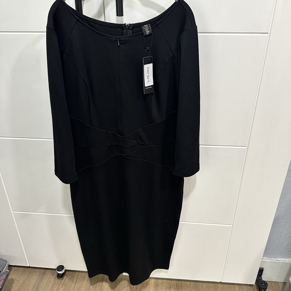 Women's XL VFshow dress black zipper 3/4 sleeve‎ pleated cotton mix